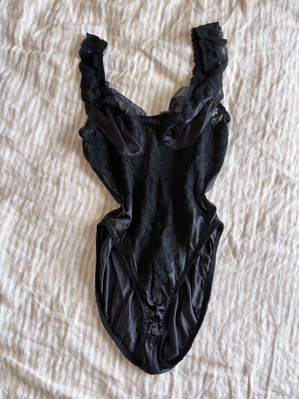 Vintage 80s Inclinations Bodysuit in Black Lace Ruffled Satin Teddy Lingerie Sil